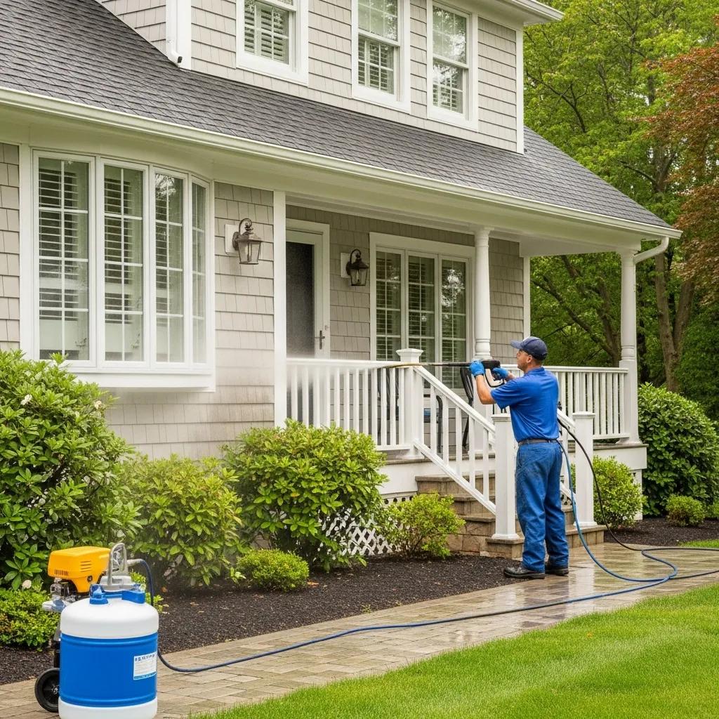 Professional house washing service in action, showcasing a technician cleaning a home exterior in Long Island